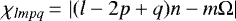 $\chi _{lmpq}\,{=}\,\left\vert (l-2p+q)n - m \Omega \right\vert$