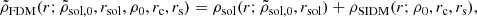$$ \begin{aligned} \tilde{\rho }_\mathrm{FDM} (r; \tilde{\rho }_{\mathrm{sol} ,0}, r_\mathrm{sol} , \rho _0, r_\mathrm{c} , r_\mathrm{s} ) = \rho _{\mathrm{sol} }(r; \tilde{\rho }_{\mathrm{sol} ,0}, r_\mathrm{sol} ) + \rho _\mathrm{SIDM} (r; \rho _0, r_\mathrm{c} , r_\mathrm{s} ), \end{aligned} $$
