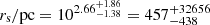 $ r_{\mathrm{s}}/\mathrm{pc} = 10^{2.66^{+1.86}_{-1.38}} = 457^{+32656}_{-438} $