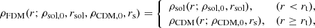 $$ \begin{aligned} \rho _\mathrm{FDM} (r; \rho _{\mathrm{sol} ,0}, r_\mathrm{sol} , \rho _{\mathrm{CDM} ,0}, r_\mathrm{s} ) = {\left\{ \begin{array}{ll} \rho _\mathrm{sol} (r; \rho _{\mathrm{sol} ,0}, r_\mathrm{sol} ),&(r < r_\mathrm{t} ),\\ \rho _\mathrm{CDM} (r; \rho _{\mathrm{CDM} ,0}, r_\mathrm{s} ),&(r \ge r_\mathrm{t} ),\\ \end{array}\right.} \end{aligned} $$