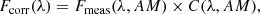 $$ \begin{aligned} F_\mathrm{corr} (\lambda ) = F_\mathrm{meas} (\lambda ,AM) \times C(\lambda ,AM), \end{aligned} $$