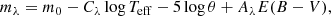 $$ \begin{aligned} m_\lambda = m_0 - C_\lambda \log {T_\mathrm{eff} } - 5 \log {\theta } + A_\lambda E(B-V), \end{aligned} $$