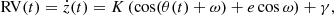 $$ \begin{aligned} \mathrm{RV}(t) = \dot{z}(t) = K\left(\cos (\theta (t) + \omega ) + e\cos \omega \right) + \gamma , \end{aligned} $$