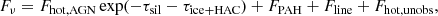 $$ \begin{aligned} F_{\nu } = F_{\rm hot, AGN}\,\mathrm{exp}(-\tau _{\rm sil}-\tau _{\rm ice+HAC}) + F_{\rm PAH} + F_{\rm line} + F_{\rm hot, unobs}, \end{aligned} $$
