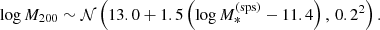 $$ \begin{aligned} \log {M_{200}}\sim \mathcal{N} \left(13.0 + 1.5\left(\log {M_{*}^{\mathrm{(sps)}}} - 11.4\right),\,0.2^2\right). \end{aligned} $$