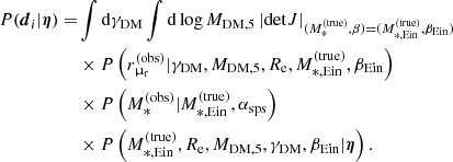 $$ \begin{aligned} {P}(\boldsymbol{d}_i|\boldsymbol{\eta }) =&\int \mathrm{d}\gamma _{\mathrm{DM}} \int \mathrm{d}\log {M_{\mathrm{DM},5}} \left|\mathrm{det}J\right|_{(M_{*}^{\mathrm{(true)}},\beta ) = (M_{*,\mathrm{Ein}}^{\mathrm{(true)}},\beta _{\mathrm{Ein}})}\nonumber \\&\times {P}\left(r_{\upmu _{\rm r}}^{(\mathrm{obs})}|\gamma _{\mathrm{DM}},M_{\mathrm{DM},5},R_{\mathrm{e}},M_{*,\mathrm{Ein}}^{\mathrm{(true)}},\beta _{\mathrm{Ein}}\right)\nonumber \\&\times {P}\left(M_{*}^{\mathrm{(obs)}}|M_{*,\mathrm{Ein}}^{\mathrm{(true)}},\alpha _{\mathrm{sps}}\right)\nonumber \\&\times {P}\left(M_{*,\mathrm{Ein}}^{\mathrm{(true)}},R_{\mathrm{e}},M_{\mathrm{DM},5},\gamma _{\mathrm{DM}},\beta _{\mathrm{Ein}}|\boldsymbol{\eta }\right). \end{aligned} $$