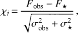 \begin{equation*}\chi_i\,{=}\,\frac{F_{\textrm{obs}}- F_{\star}}{\sqrt{\sigma_{\textrm{obs}}^2&#x002B;\sigma_{\star}^2}} \,,\end{equation*}