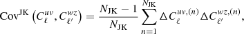 $$ \begin{aligned} \mathrm{Cov}^{\mathrm{JK}}\left(C_{\ell }^{u{ v}}, C_{\ell ^{\prime }}^{{ w}z}\right)=\frac{N_{\mathrm{JK}}-1}{N_{\mathrm{JK}}} \sum _{n=1}^{N_{\mathrm{JK}}} \Delta C_{\ell }^{u{ v},(n)} \Delta C_{\ell ^{\prime }}^{{ w}z,(n)}, \end{aligned} $$