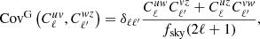 $$ \begin{aligned} \mathrm{Cov}^{\mathrm{G}}\left(C_{\ell }^{u{ v}}, C_{\ell ^{\prime }}^{{ w}z}\right)=\delta _{\ell \ell ^{\prime }} \frac{C_{\ell }^{u{ w}} C_{\ell ^{\prime }}^{{ v}z}+C_{\ell }^{uz} C_{\ell ^{\prime }}^{{ vw}}}{f_{\mathrm{sky}}(2 \ell +1)}, \end{aligned} $$