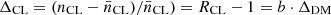 $ \Delta_{\mathrm{CL}} = (n_{\mathrm{CL}} - \bar n_{\mathrm{CL}}) / \bar n_{\mathrm{CL}}) = R_{\mathrm{CL}} - 1 = b \cdot \Delta_{\mathrm{DM}} $