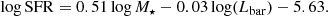 $$ \begin{aligned} \mathrm{log\,SFR} = 0.51 \log M_{\star } - 0.03 \log (L_{\rm bar}) - 5.63. \end{aligned} $$