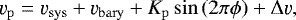 \begin{equation*}\varv_{\mathrm{p}} = \varv_{\mathrm{sys}} &#x002B; \varv_{\mathrm{bary}} &#x002B; K_{\mathrm{p}} \sin\left(2\pi\phi\right) &#x002B; \Delta \varv,\end{equation*}