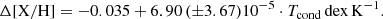 $$ \begin{aligned} \Delta \mathrm{[X/H]} = -0.035 + 6.90 \, ({\pm } 3.67) 10^{-5} \cdot T_{\rm cond} \, \mathrm{dex\,K}^{-1}. \end{aligned} $$