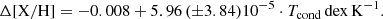 $$ \begin{aligned} \Delta \mathrm{[X/H]} = -0.008 + 5.96 \, ({\pm } 3.84) 10^{-5} \cdot T_{\rm cond} \, \mathrm{dex\,K}^{-1}. \end{aligned} $$