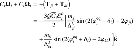 \begin{eqnarray*} C_i \dot{{\bm{\Omega}}}_{i} &#x002B; \dot{C}_i {{\bm{\Omega}}}_{i} &=& - \Big({{\bf{T}}}_{ji} &#x002B; {{\bf{T}}}_{ki} \Big) \nonumber \\ &=&-\frac{3{\cal G} \overline{\mathcal{C}}_i{\mathcal E}^{\rho}_i}{2}\bigg[\frac{m_j}{\Delta_{ji}^3}\sin{(2(\varphi^{\textrm{eq}}_i&#x002B;\delta_i)-2\varphi_{ji})} \nonumber \\ &&&#x002B;\frac{m_k}{\Delta_{ki}^3}\sin{(2(\varphi^{\textrm{eq}}_i&#x002B;\delta_i)-2\varphi_{ki})}\ \bigg] \hat{\bf{k}}\end{eqnarray*}