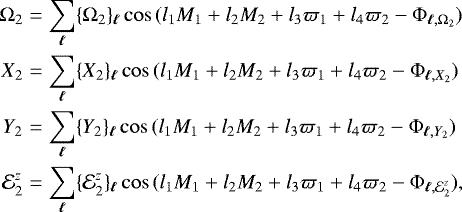 \begin{eqnarray*}\Omega_2&=&\sum_{\vec{\ell}} \{\Omega_2\}_{\vec{\ell}} \cos{(l_1 M_1 &#x002B; l_2 M_2 &#x002B; l_3 \varpi_1 &#x002B; l_4 \varpi_2-\Phi_{\vec{\ell},\Omega_2})} \nonumber \\ X_2&=&\sum_{\vec{\ell}} \{X_2\}_{\vec{\ell}} \cos{(l_1 M_1 &#x002B; l_2 M_2 &#x002B; l_3 \varpi_1 &#x002B; l_4 \varpi_2-\Phi_{\vec{\ell},X_2})}\nonumber \\ Y_2&=&\sum_{\vec{\ell}} \{Y_2\}_{\vec{\ell}} \cos{(l_1 M_1 &#x002B; l_2 M_2 &#x002B; l_3 \varpi_1 &#x002B; l_4 \varpi_2-\Phi_{\vec{\ell},Y_2})} \\ \mathcal{E}^z_2&=&\sum_{\vec{\ell}} \{\mathcal{E}^z_2\}_{\vec{\ell}} \cos{(l_1 M_1 &#x002B; l_2 M_2 &#x002B; l_3 \varpi_1 &#x002B; l_4 \varpi_2-\Phi_{\vec{\ell},\mathcal{E}^z_2})}, \nonumber \end{eqnarray*}