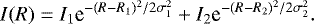 \begin{equation*} I(R) = I_1 \textrm{e}^{-(R - R_1){}^2/2\sigma_1^2} &#x002B; I_2 \textrm{e}^{-(R - R_2){}^2/2\sigma_2^2} .\end{equation*}