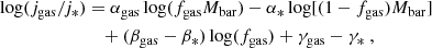 $$ \begin{aligned} \log (j_{\rm gas}/j_*)&= \alpha _{\rm gas}\log (f_{\rm gas} M_{\rm bar}) - \alpha _{*}\log [(1-f_{\rm gas}) M_{\rm bar}] \nonumber \\&\quad + (\beta _{\rm gas}-\beta _{*})\log (f_{\rm gas}) + \gamma _{\rm gas}-\gamma _{*}\ , \end{aligned} $$
