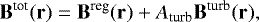 \begin{equation*}\mathbf{B}^{\textrm{tot}}(\mathbf{r}) = \mathbf{B}^{\textrm{reg}}(\mathbf{r}) + A_{\textrm{turb}} \mathbf{B}^{\textrm{turb}}(\mathbf{r}),\end{equation*}