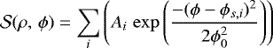 \begin{equation*}\mathcal{S}(\rho,\, \phi) = \sum_i \left(A_i \, \exp \left(\frac{- (\phi - \phi_{s,i}){}^2}{2 \phi_0^2} \right) \right)\end{equation*}