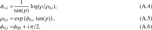 \begin{align*}\phi_{s,i} = & \frac{1}{\tan(p)} \log (\rho / \rho_{0,i}), \\\rho_{0,i} = & \exp \left(\phi_{0,i} \, \tan(p) \right), \\\phi_{0,i} = & \phi_{00} + i \, \pi/2,\end{align*}