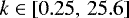 $k \in \left[0.25,\, 25.6\right]$