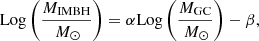 $$ \begin{aligned} \mathrm{Log}\left(\frac{M_{\rm IMBH}}{\,{M}_\odot }\right) = \alpha \mathrm{Log}\left(\frac{M_{\rm GC}}{\,{M}_\odot }\right) - \beta , \end{aligned} $$