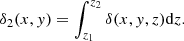 $$ \begin{aligned} \delta _2(x,{ y}) = \int _{z_1}^{z_2} \delta (x,{ y},z) \mathrm{d}{z}. \end{aligned} $$