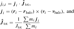 $$ \begin{aligned}&j_{z,i} =\boldsymbol{j}_{i}\cdot {{\boldsymbol{\hat{J}}}_{\rm tot}},\nonumber \\&\boldsymbol{j}_{i} =(\boldsymbol{r}_i-\boldsymbol{r}_{\rm halo}) \times (\boldsymbol{v}_i-\boldsymbol{v}_{\rm halo}),\;\mathrm{and} \nonumber \\&\boldsymbol{\hat{J}}_{\rm tot} = \frac{1}{J_{\rm tot}} \frac{\sum {m_{i}\boldsymbol{j}_i}}{\sum {m_{i}}} \end{aligned} $$