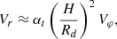 $$ \begin{aligned} V_{r}\approx \alpha _{t} \left(\frac{H}{R_d}\right)^{2} V_{\varphi }, \end{aligned} $$