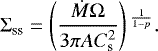 \begin{equation*} \Sigma_{\textrm{ss}}=\left(\frac{\dot M \Omega }{3 \pi A C_{\textrm{s}}^2} \right){}^{\frac{1}{1-p}}.\end{equation*}