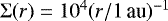 $\Sigma(r)=10^4(r/1\,\textrm{au}){}^{-1}$