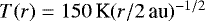 $T(r)=150\,\textrm{K}(r/2\,\textrm{au}){}^{-1/2}$