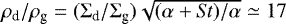 $\rho_{\textrm{d}}/\rho_{\textrm{g}}=(\Sigma_{\textrm{d}}/\Sigma_{\textrm{g}})\sqrt{(\alpha&#x002B;S\!t)/\alpha} \simeq 17$