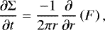 \begin{equation*} \frac{\partial \Sigma}{\partial t} = \frac{-1}{2\pi r}\frac{\partial}{\partial r}\left(F \right) ,\end{equation*}