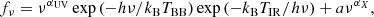 $$ \begin{aligned} f_{\nu } = \nu ^{\alpha _{\rm UV}}\exp \left({-h\nu /k_{\rm B}T_{\rm BB}}\right)\exp \left({-k_{\rm B}T_{\rm IR}/h\nu }\right)+a\nu ^{\alpha _X}, \end{aligned} $$