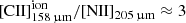 $ {\text{[CII]}}^{\mathrm{ion}}_{\mathrm{158\,\upmu m}}/{\text{[NII]}}_{\mathrm{205\,\upmu m}} \approx 3 $