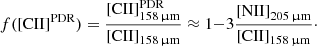 $$ \begin{aligned} f(\mathrm{[CII]}^\mathrm{PDR}) = \frac{\mathrm{[CII]}^\mathrm{PDR}_{\rm 158\,\upmu m}}{\mathrm{[CII]}_{\rm 158\,\upmu m}} \approx 1{-}3\frac{\mathrm{[NII]}_{\rm 205\,\upmu m}}{\mathrm{[CII]}_{\rm 158\,\upmu m}}\cdot \end{aligned} $$