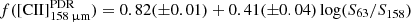 $ f(\mathrm{[CII]_{158\,\upmu m}^{\mathrm{PDR}}}) = 0.82({\pm}0.01)+0.41({\pm}0.04)\log(S_{63}/S_{158}) $
