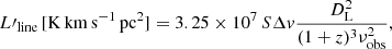 $$ \begin{aligned}&L\prime _{\rm line}\,[\mathrm{K\,km\,s^{-1}\,pc^2}]=3.25\times 10^7\,S {\Delta v}\frac{D_{\rm L}^2}{(1+z)^3\nu _{\rm obs}^2}, \end{aligned} $$