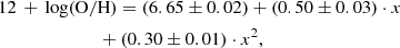 $$ \begin{aligned}&12\,+\,\log (\mathrm{O/H}) = (6.65 \pm 0.02) + (0.50 \pm 0.03) \cdot x \nonumber \\&\qquad \qquad \qquad \quad + (0.30 \pm 0.01) \cdot x^2,\end{aligned} $$