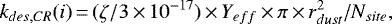 \begin{equation*}{k}_{des,CR}({i})\,{=}\,(\zeta/3\,{\times}\,10^{-17}) \,{\times}\,{Y}_{eff} \,{\times}\,\pi \,{\times}\,{r}_{dust}^2/{N}_{site},\end{equation*}