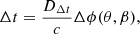 $$ \begin{aligned} \Delta t=\frac{D_{\Delta {t}}}{c} \Delta \phi (\theta , \beta ), \end{aligned} $$