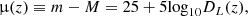 $$ \begin{aligned} \upmu (z)\equiv m-M=25+5\mathrm{log}_{10}D_{L}(z), \end{aligned} $$