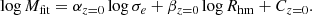 $$ \begin{aligned} \log M_{\rm fit} = \alpha _{z=0} \log \sigma _e + \beta _{z=0} \log R_{\rm hm} + C_{z=0} . \end{aligned} $$