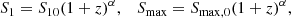 $$ \begin{aligned} S_1 = S_{10}(1+z)^\alpha , \quad S_{\rm max} = S_{\rm max,0}(1+z)^\alpha , \end{aligned} $$