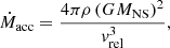 $$ \begin{aligned} \dot{M}_{\rm acc}=\frac{4\pi \rho \left(GM_{\rm NS}\right)^2}{v_{\rm rel}^3}, \end{aligned} $$