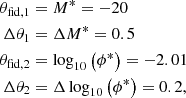 $$ \begin{aligned} \theta _{\text{fid},1}&=M^*=-20\nonumber \\ \Delta \theta _1&=\Delta M^*=0.5\nonumber \\ \theta _{\text{fid},2}&=\log _{10}\left(\phi ^*\right) = -2.01\nonumber \\ \Delta \theta _2&=\Delta \log _{10}\left(\phi ^*\right) = 0.2, \end{aligned} $$