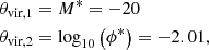 $$ \begin{aligned} \theta _{\text{vir},1}&=M^*=-20\nonumber \\ \theta _{\text{vir},2}&=\log _{10}\left(\phi ^*\right) = -2.01, \end{aligned} $$