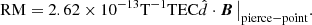 $$ \begin{aligned} \mathrm{RM}= 2.62 \times 10^{-13}\mathrm{T}^{-1} \mathrm{TEC}\hat{d}\cdot \boldsymbol{B}\,\big |_{\mathrm{pierce-point} }. \end{aligned} $$